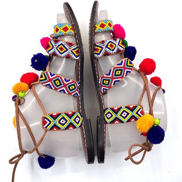 SIZE 7.5 Sam Edelman Lisabeth Beaded Charm Pom Boho Hippie Leather Sandals - Picture 7 of 12